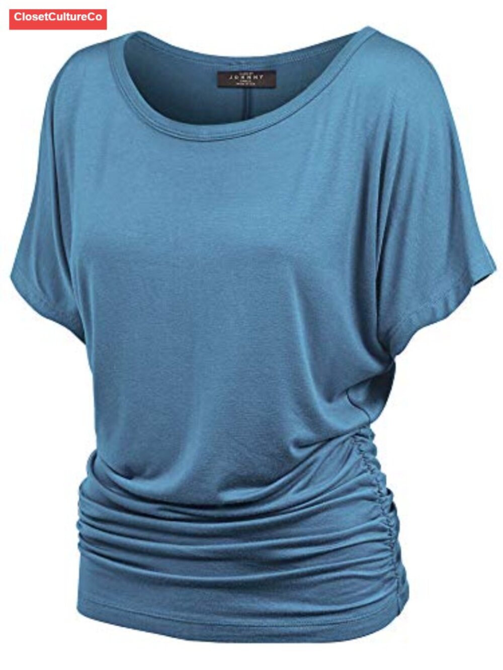 Dolman Short Sleeve Top with Side Shirring - Rayon Spandex Blend